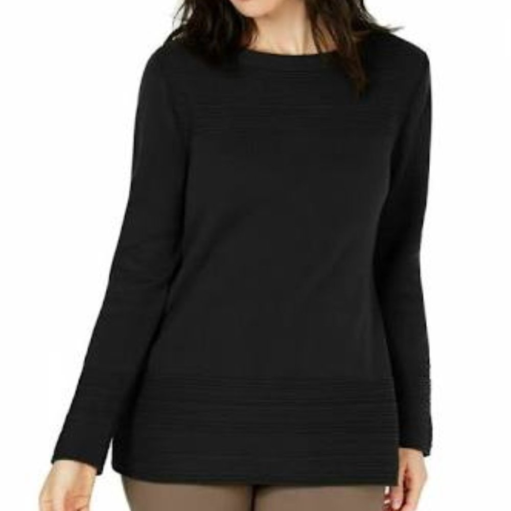 Karen Scott Black Side-Ribbed Boat-Neck Sweater L